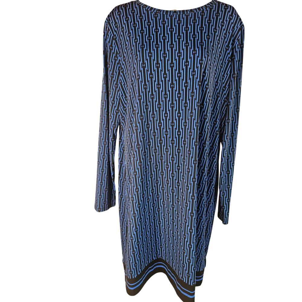 Michael Kors Blue Black Geometric Shift Dress Sz XL Stretchy Long Sleeve - Picture 2 of 7